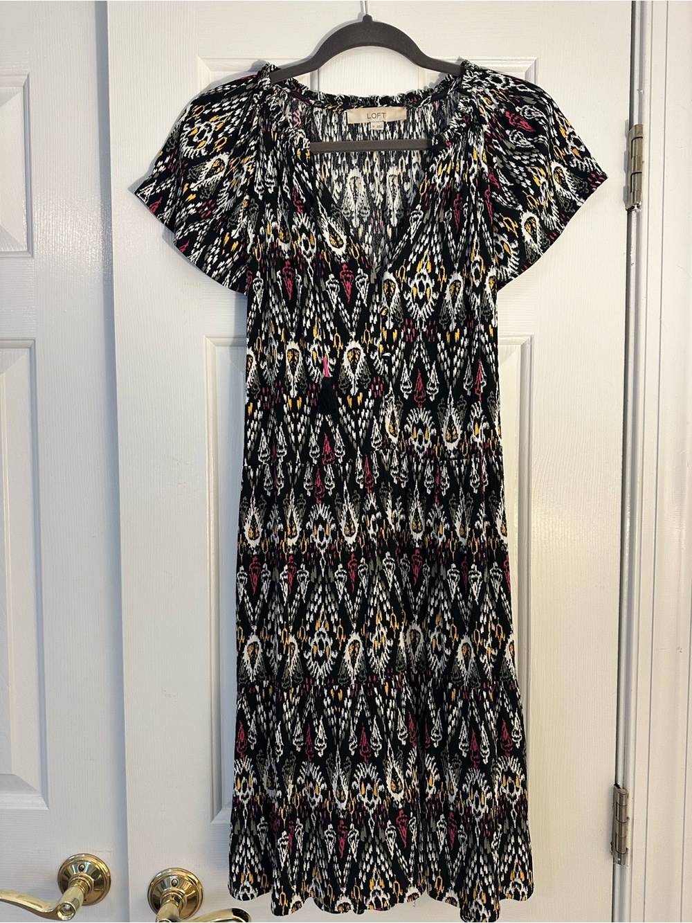 LOFT Black Ikat Midi Dress with Pink and Gold Accentslof